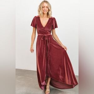 Baltic Born Ribbed Velvet Wrap Dress Andi Dark Rose Red XS